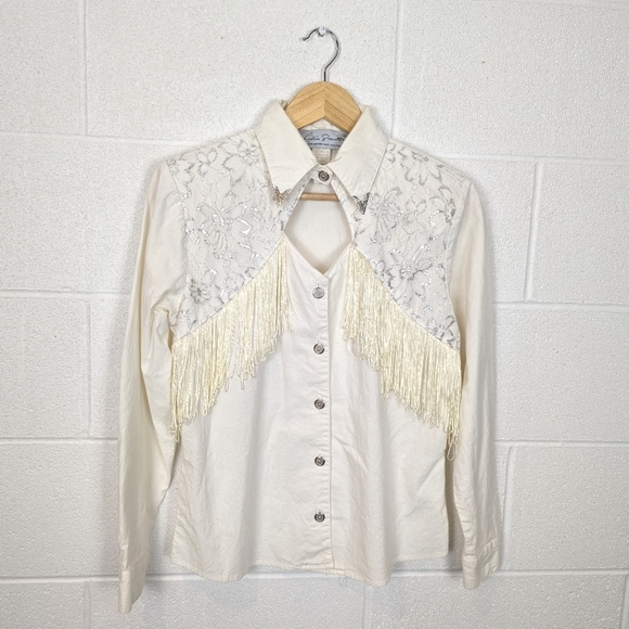 VINTAGE Lilia Smitty Western Cotton Button Up Ivory EUC Fringe Silver Cowgirl - Picture 6 of 14